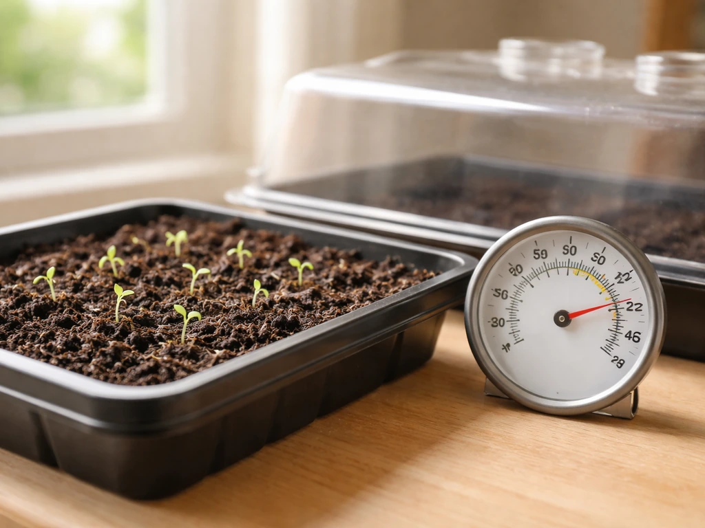 Close-up of a seed tray in a warm, bright germination area with a thermometer beside it