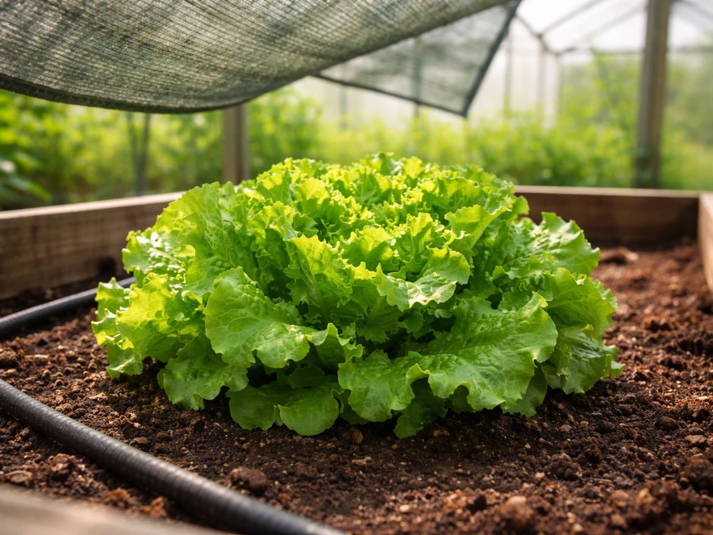 Fresh lettuce in a greenhouse bed under angled shade cloth with soft sunlight and misty air.