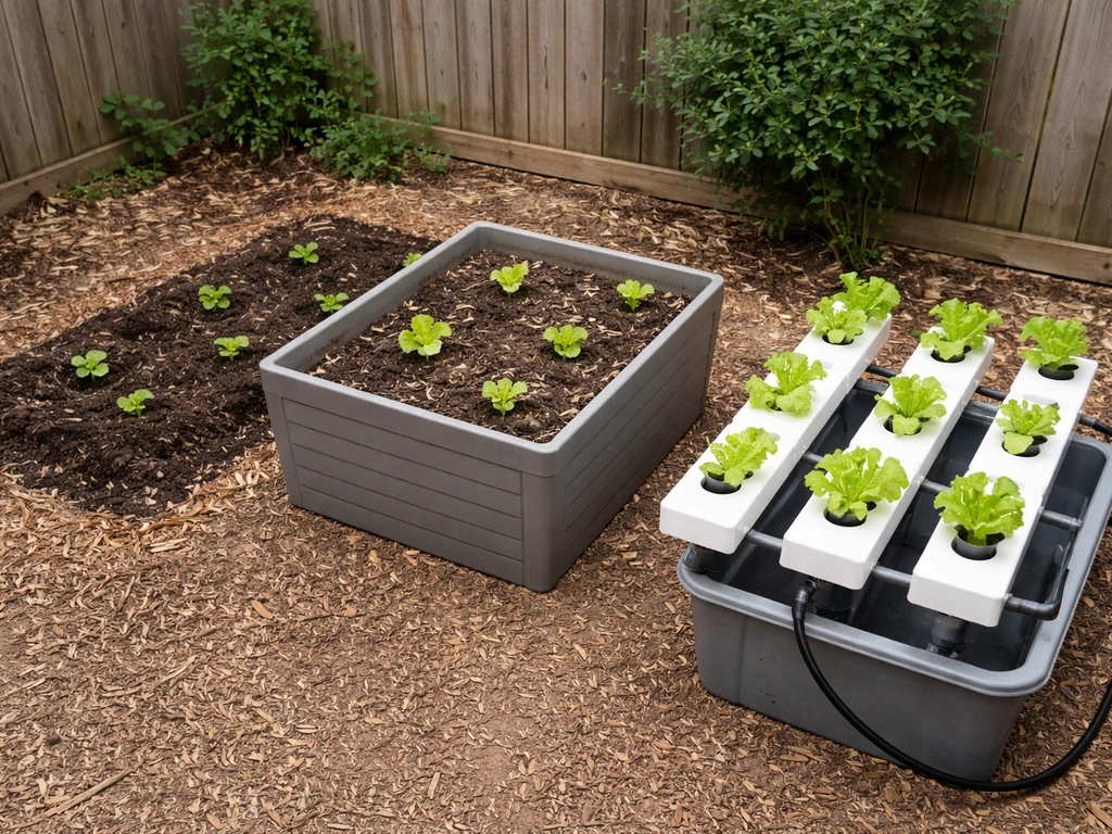 Side-by-side photo of soil bed, container bed, and a small hydroponic system for lettuce.