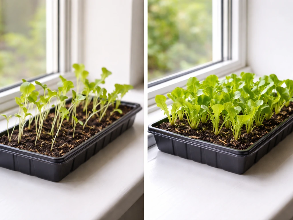 Lettuce seedlings in a tray: leggy sprouts on one side, sturdier seedlings closer to light on the other.