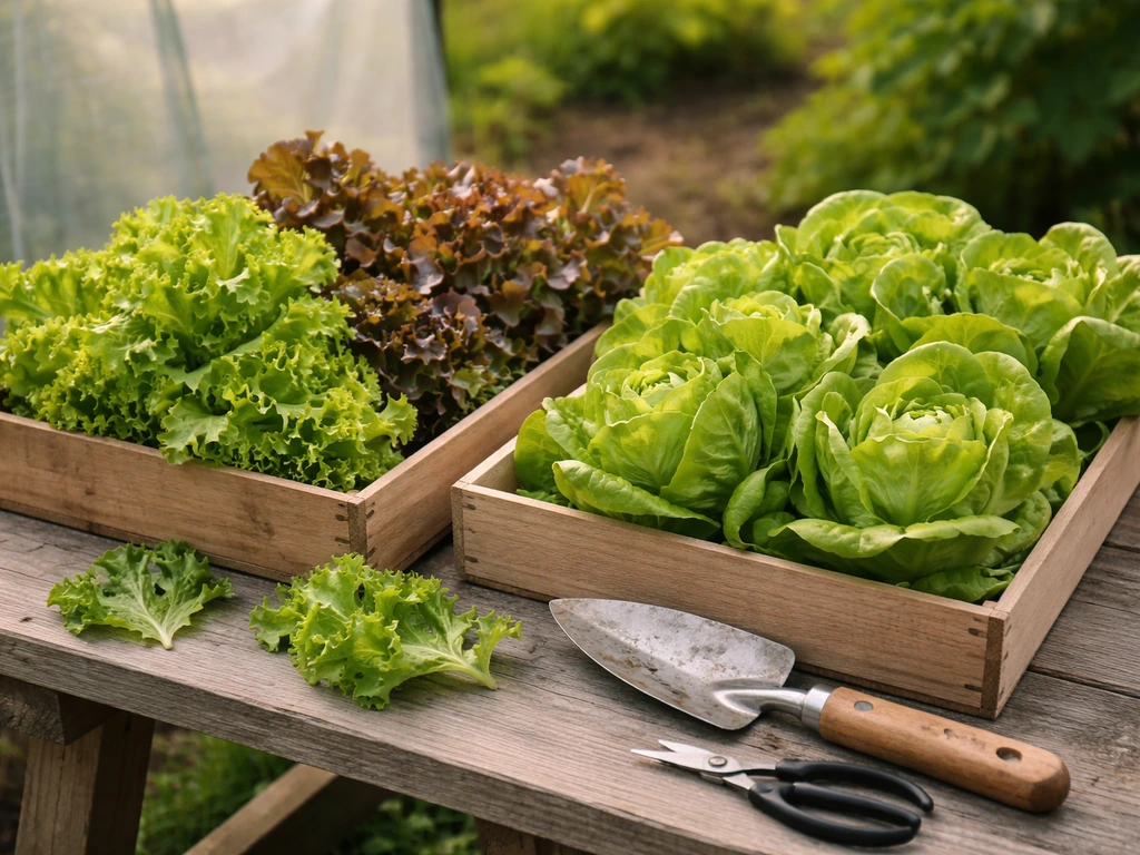 Fresh loose-leaf and butterhead lettuce laid out in small wooden crates with garden tools nearby.