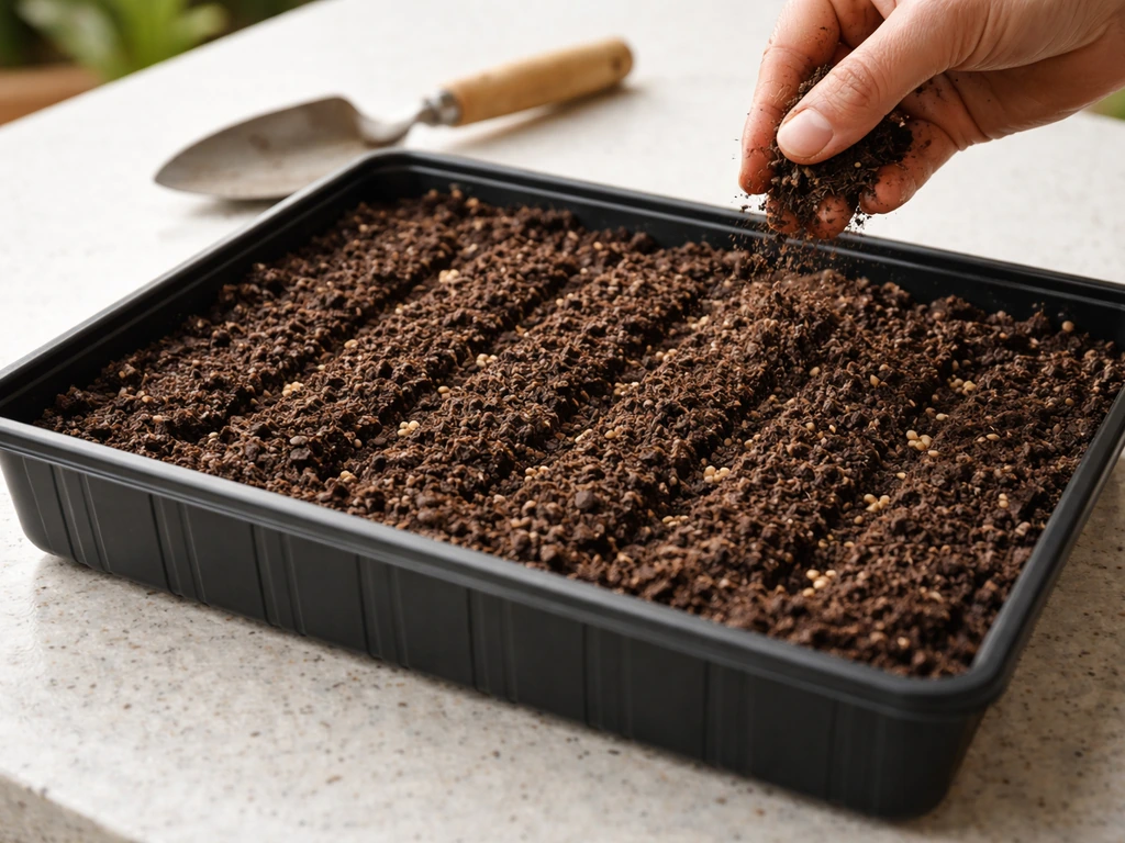 Moist potting mix in a deep tray with shallow furrows and a few romaine seeds 1/4 inch deep.