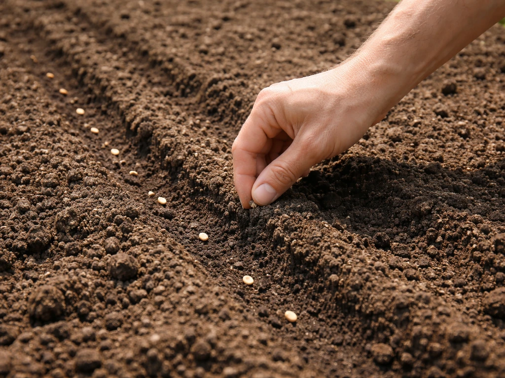 Hand making a shallow furrow in garden soil, compost mixed in, seeds ready to sow