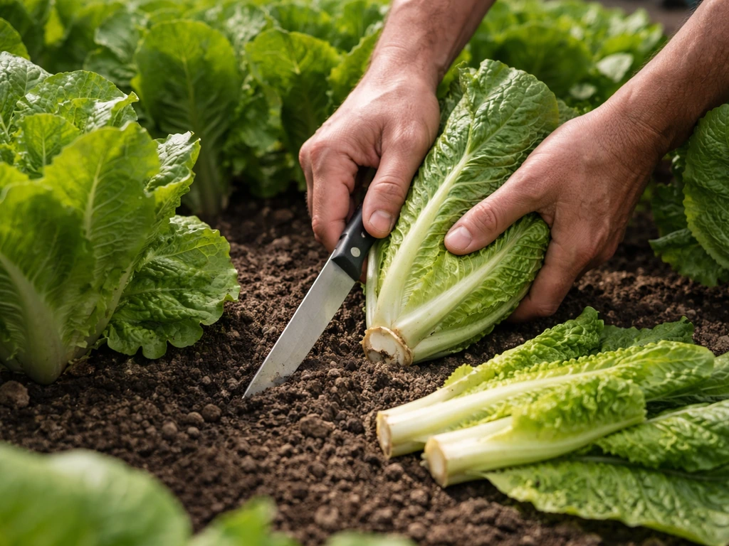 Knife cutting romaine at soil level with harvested outer leaves nearby in a small garden bed.