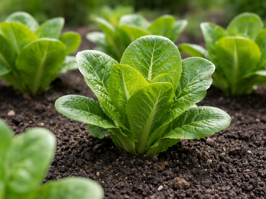 Close-up of cos lettuce plants growing in soil with lush green leaves, minimal garden setting.