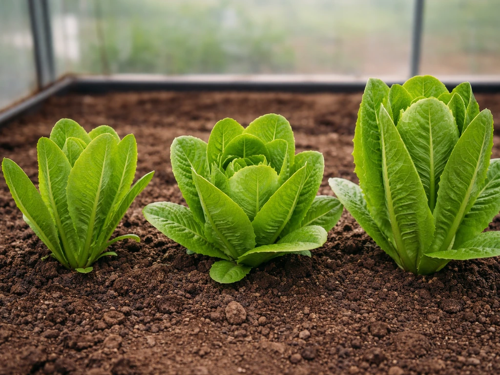 Three cos lettuce heads showing early, mid, and near-ready leaf overlap in a greenhouse bed.