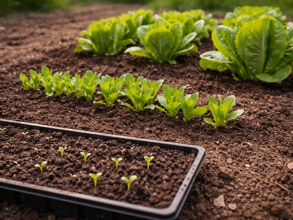 Cos lettuce growth timeline: germinating seeds, young sprouts, maturing rows, and harvest-ready heads.