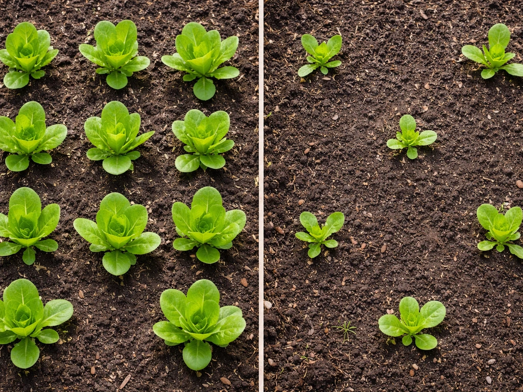 Top-down view of cos lettuce plants with clear 12-inch spacing and visible thinning gaps in a garden bed.