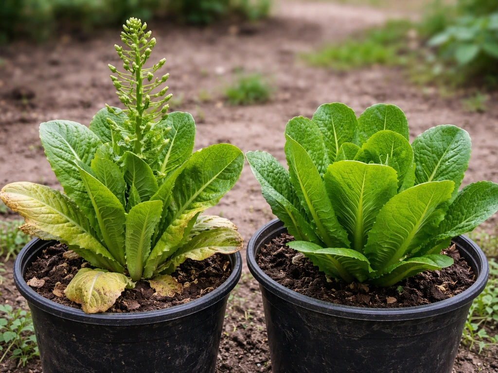 Two cos lettuce plants in pots—one bolting with a tall flower stalk, the other still leafy.