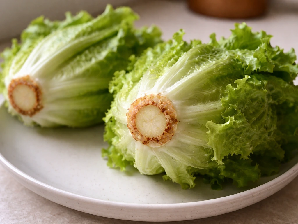 Grocery-store lettuce heads on a kitchen counter with a close-up of the intact cut base/growing point.