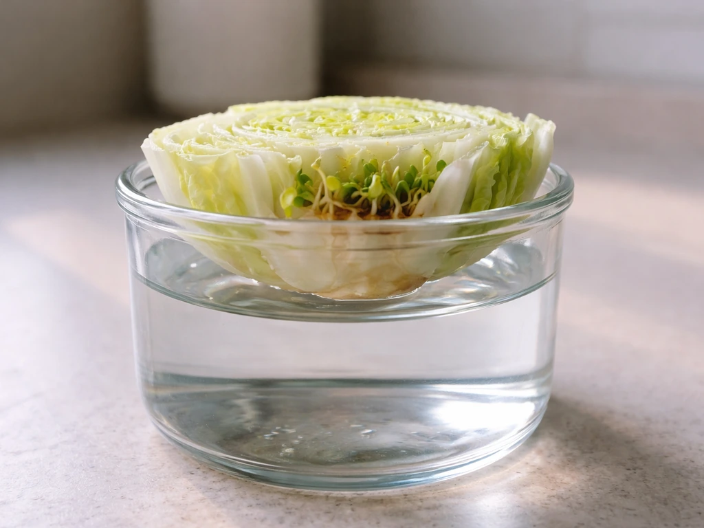 Clear glass jar with lettuce base sitting on water, only the very bottom touching, tiny green regrowth visible.