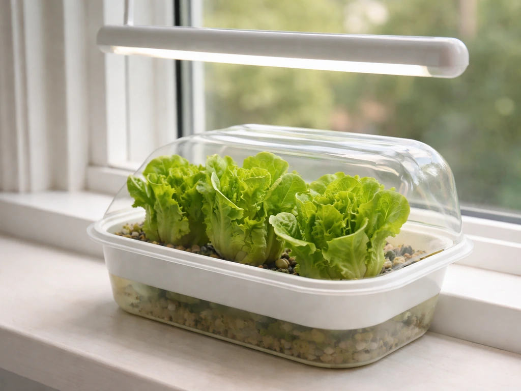 Compact lettuce regrowth in a small container near a bright window under a simple grow light.