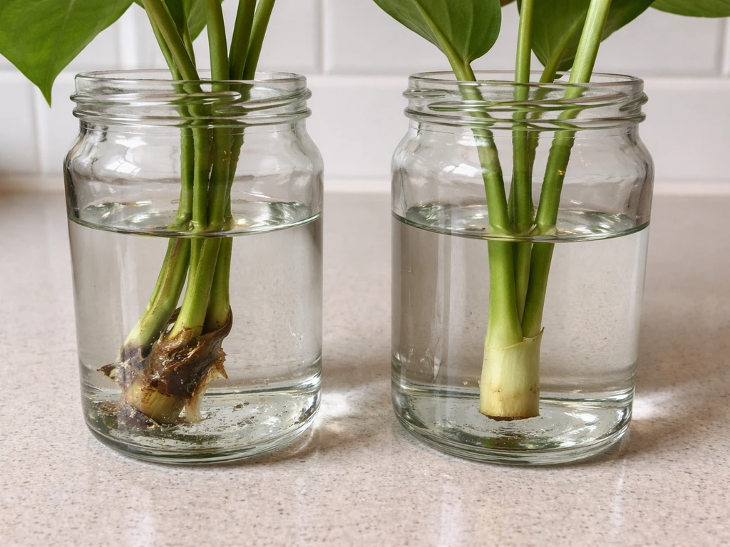 Side-by-side cuttings showing a slimy rotting base in one glass and a healthy firm base in another.
