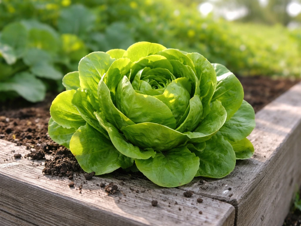 Freshly cut loose-head butter lettuce on a garden table with soil and soft greenery background.