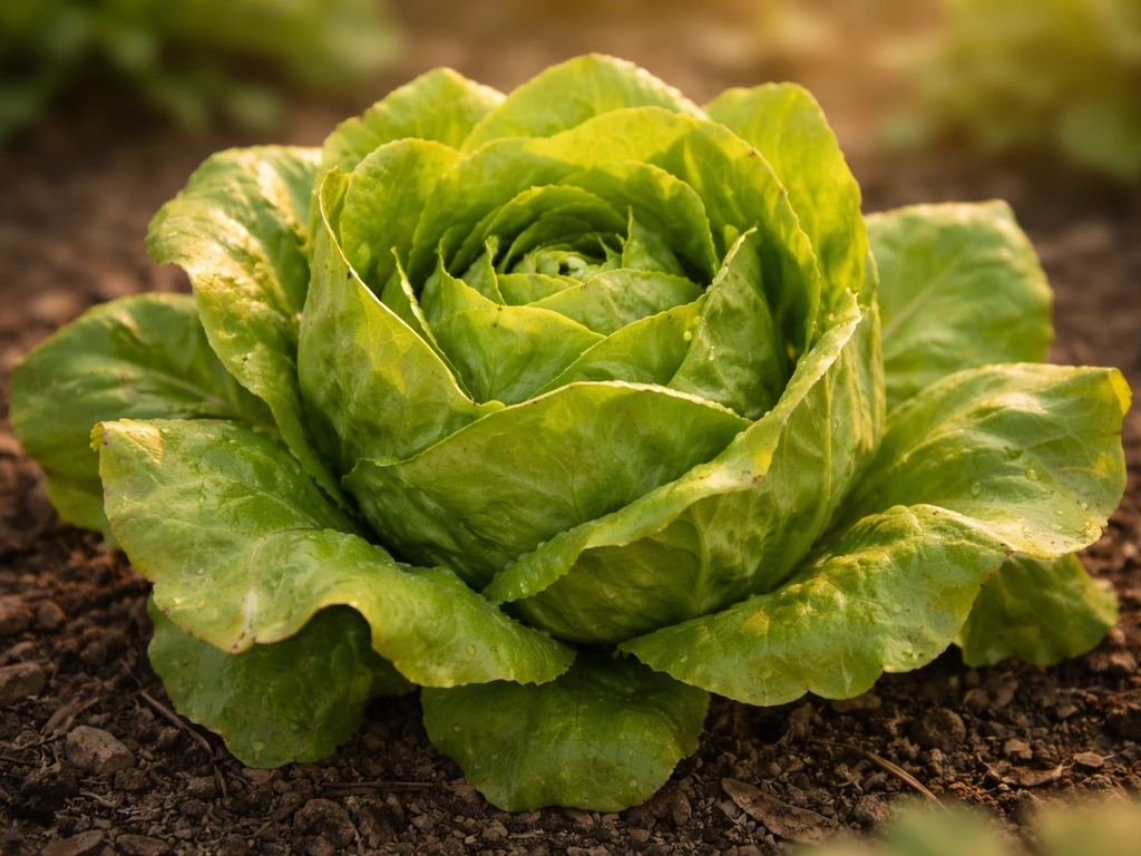 Close-up of butter lettuce rosette in soft warm light, showing slight wilting at the edges.