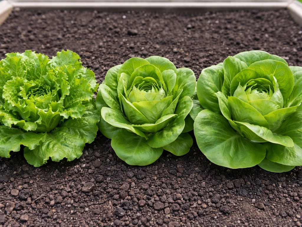 Three butter lettuce varieties growing side-by-side, showing different leaf and head shapes.
