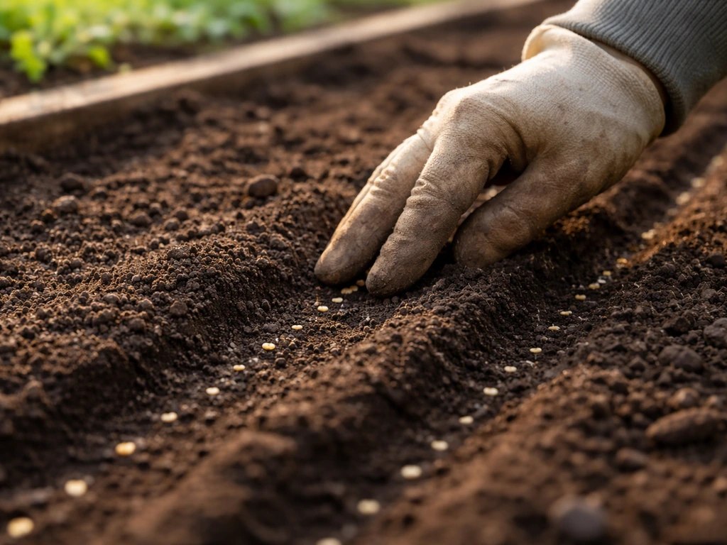 A gloved hand presses lettuce seeds shallowly into a straight seed furrow in moist soil.