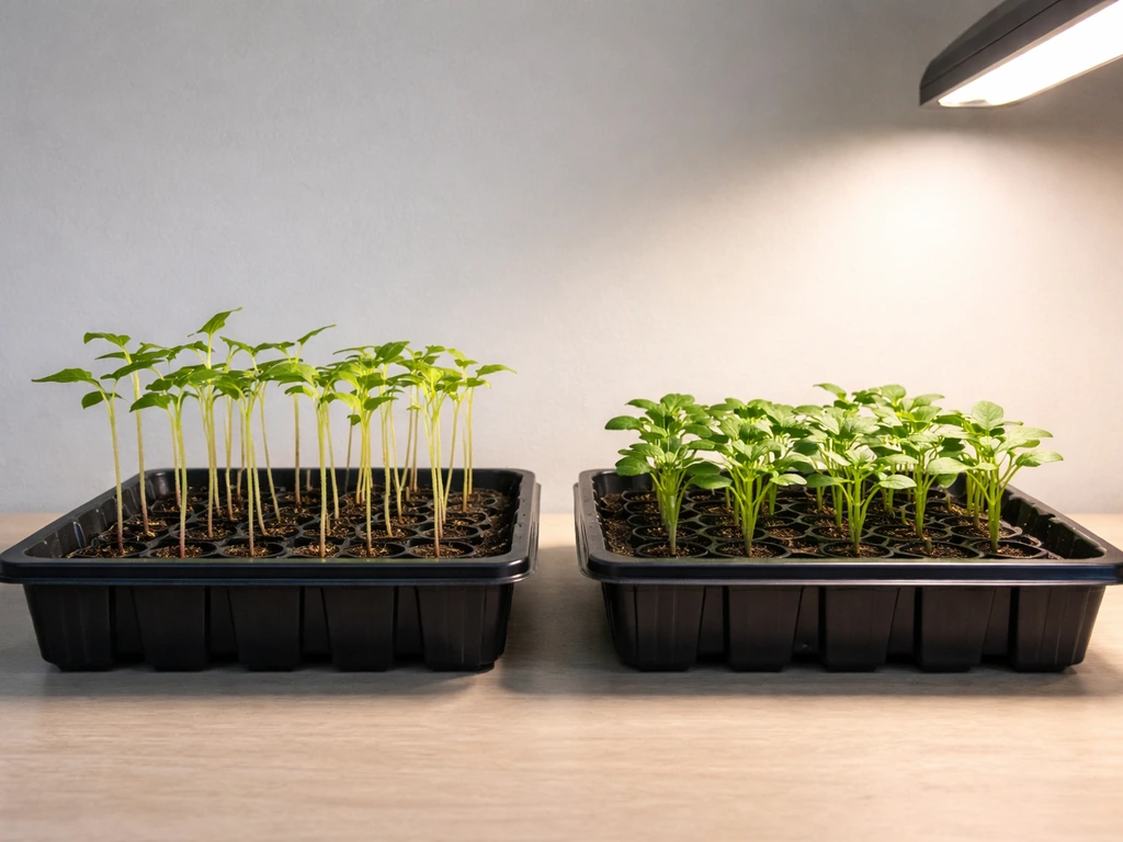Side-by-side trays showing leggy stretched seedlings and compact seedlings under bright light.