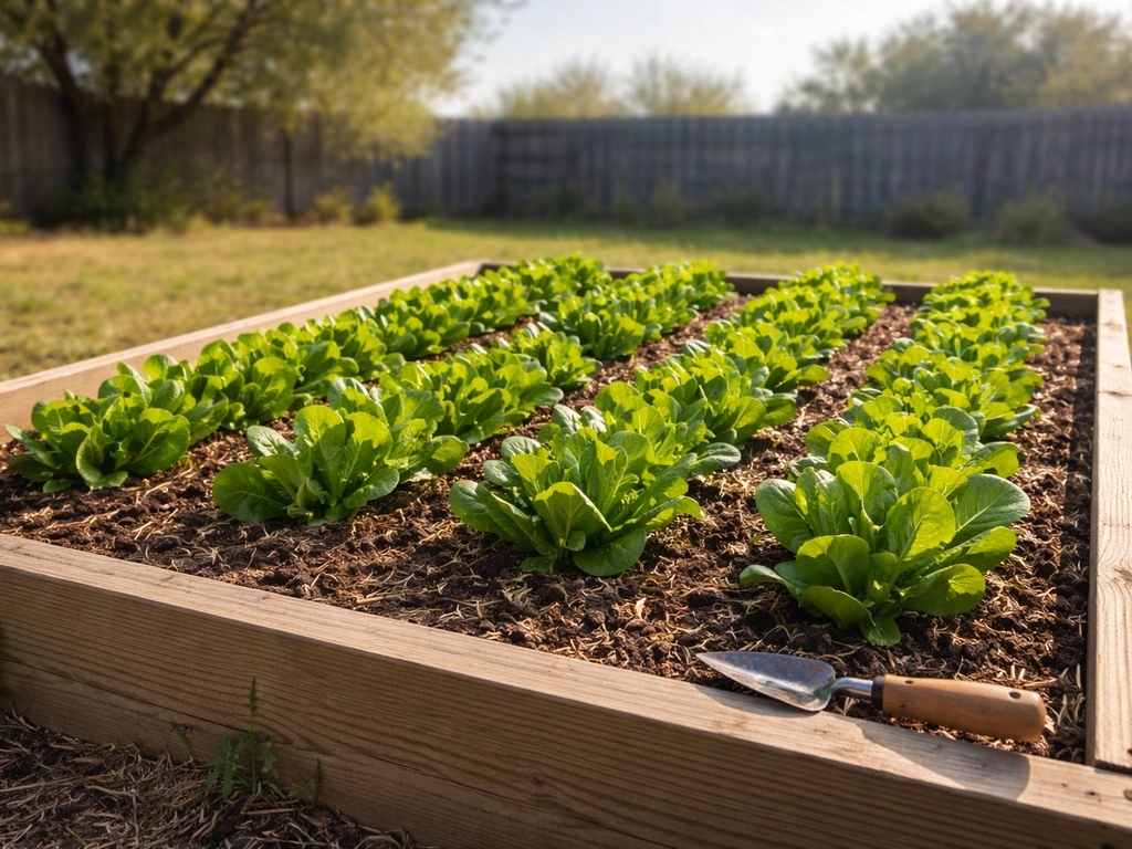 Healthy leafy lettuce growing in a prepared Texas backyard raised bed under clear morning sun.