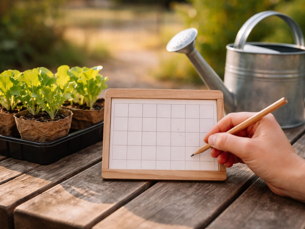 Minimal photo of a gardener marking dates on a small wooden calendar beside lettuce seedlings.