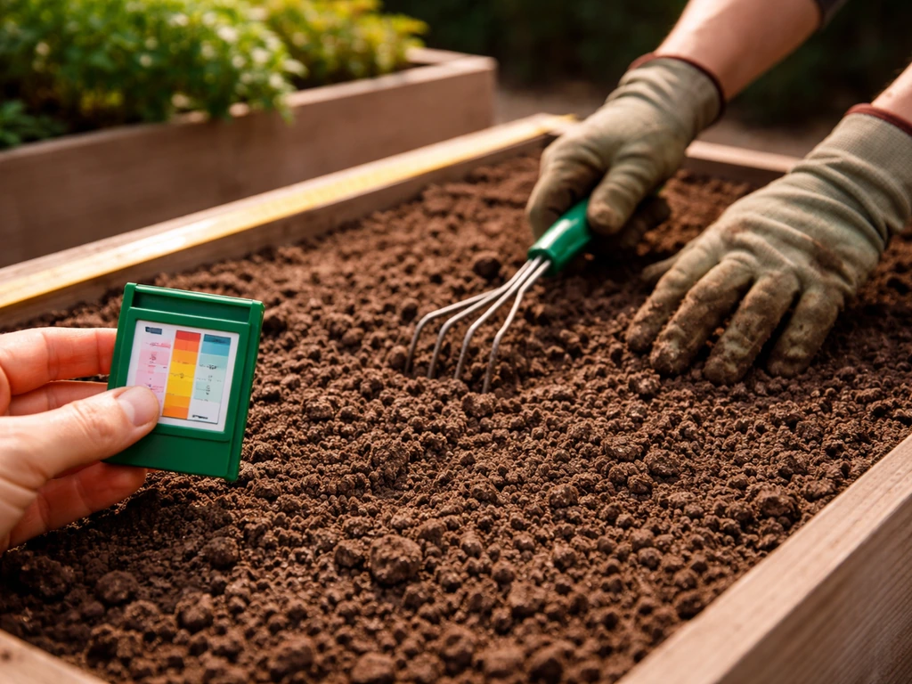 Close-up of raised-bed soil for lettuce with pH test kit and simple spacing tool in natural light.