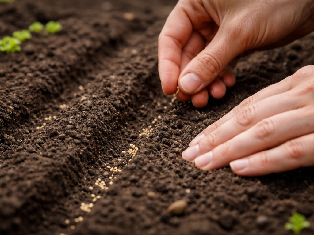 Hands lightly press lettuce seeds into moist soil, showing shallow germination placement.