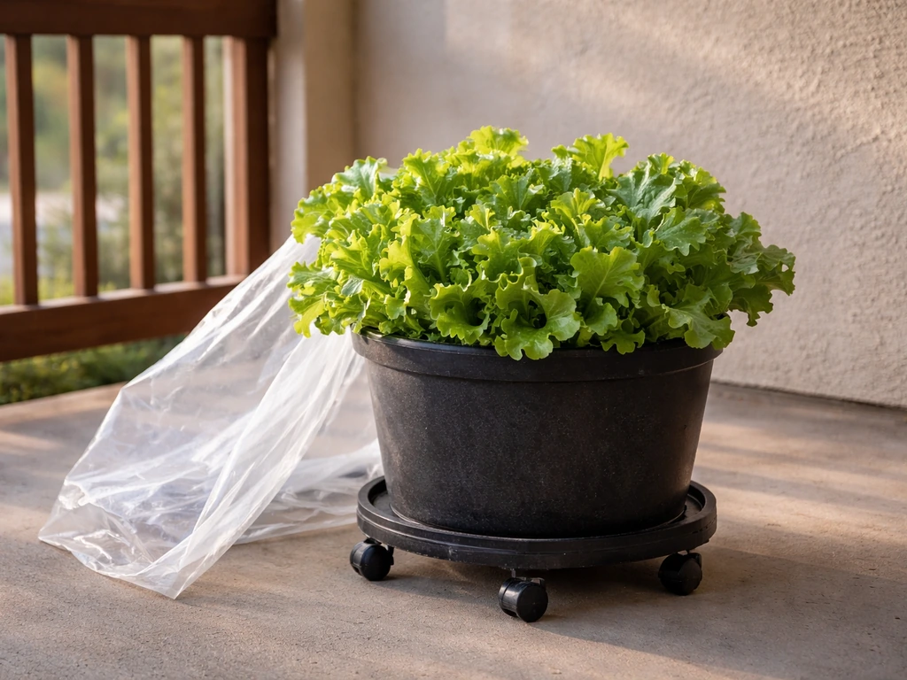 Green lettuce growing in a movable pot on a porch, with an indoor shelter option for a late cold snap.