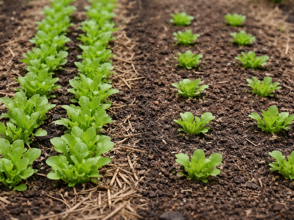 Lettuce seedlings around 2 inches tall, spaced after thinning in a simple garden bed.