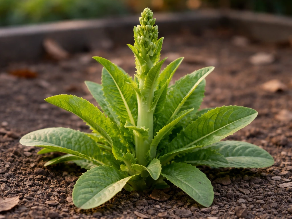 Close view of a bolting lettuce plant with a thick center stalk rising from the rosette.