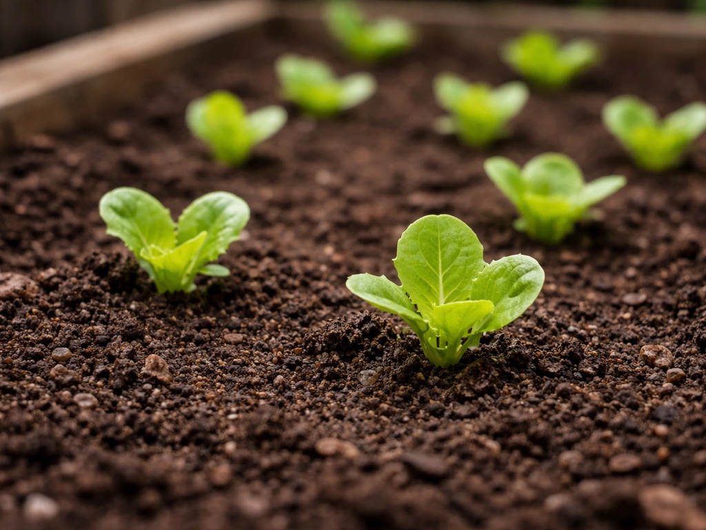 Close-up of healthy bibb lettuce seedlings growing from seed in a raised bed.