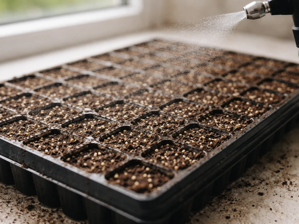Moist seed-starting tray with shallow lettuce seeds and a watering mist lightly spraying the soil surface.