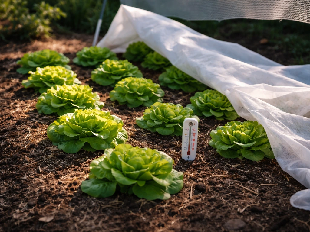 Outdoor bibb lettuce bed with afternoon shade, a small thermometer, and a partially draped row cover.