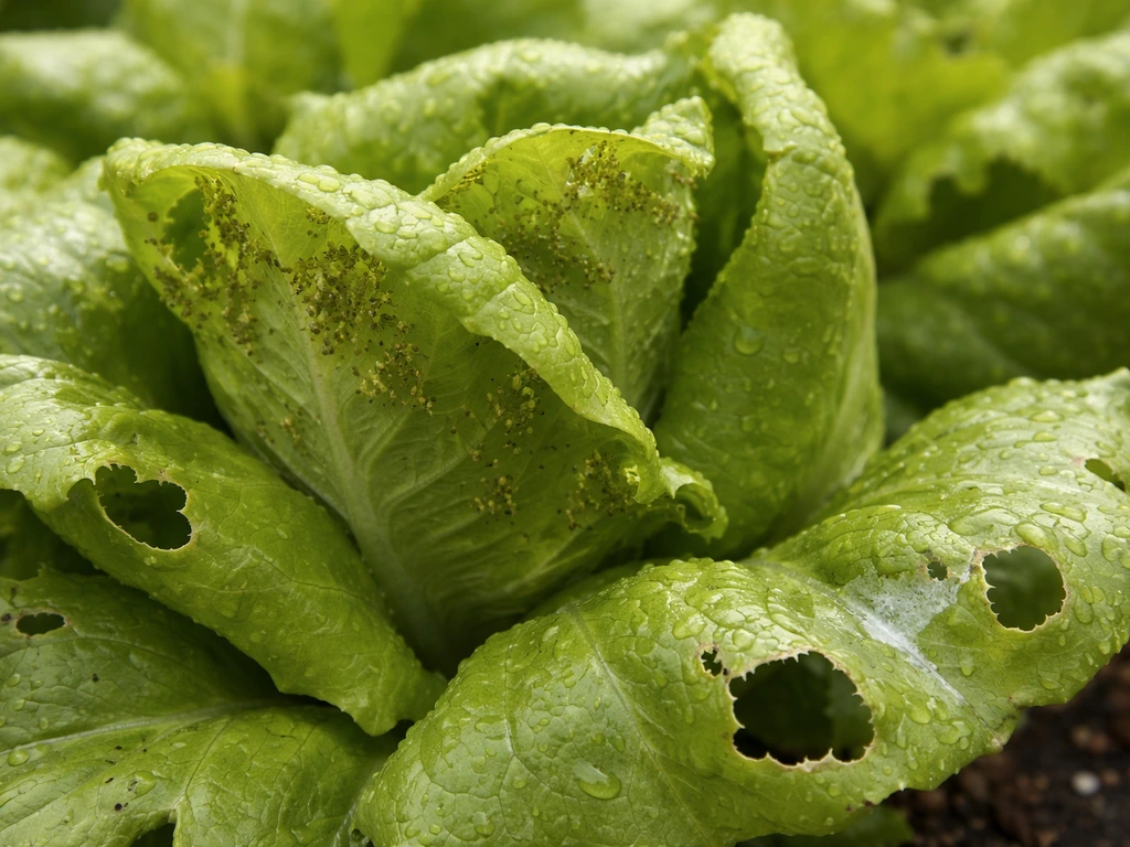 Close-up of bibb lettuce leaves showing aphid clusters and small slug holes and slime trails.