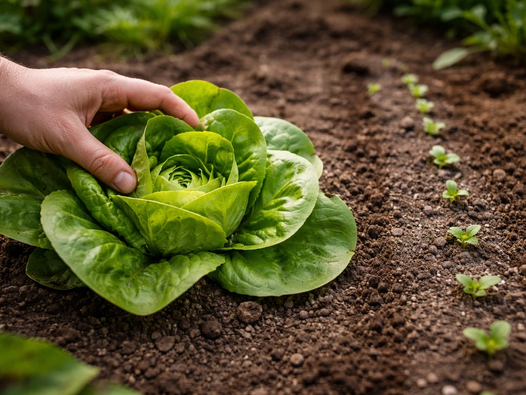 Bibb lettuce with a loose cupped head ready to harvest beside a small row of new seedlings