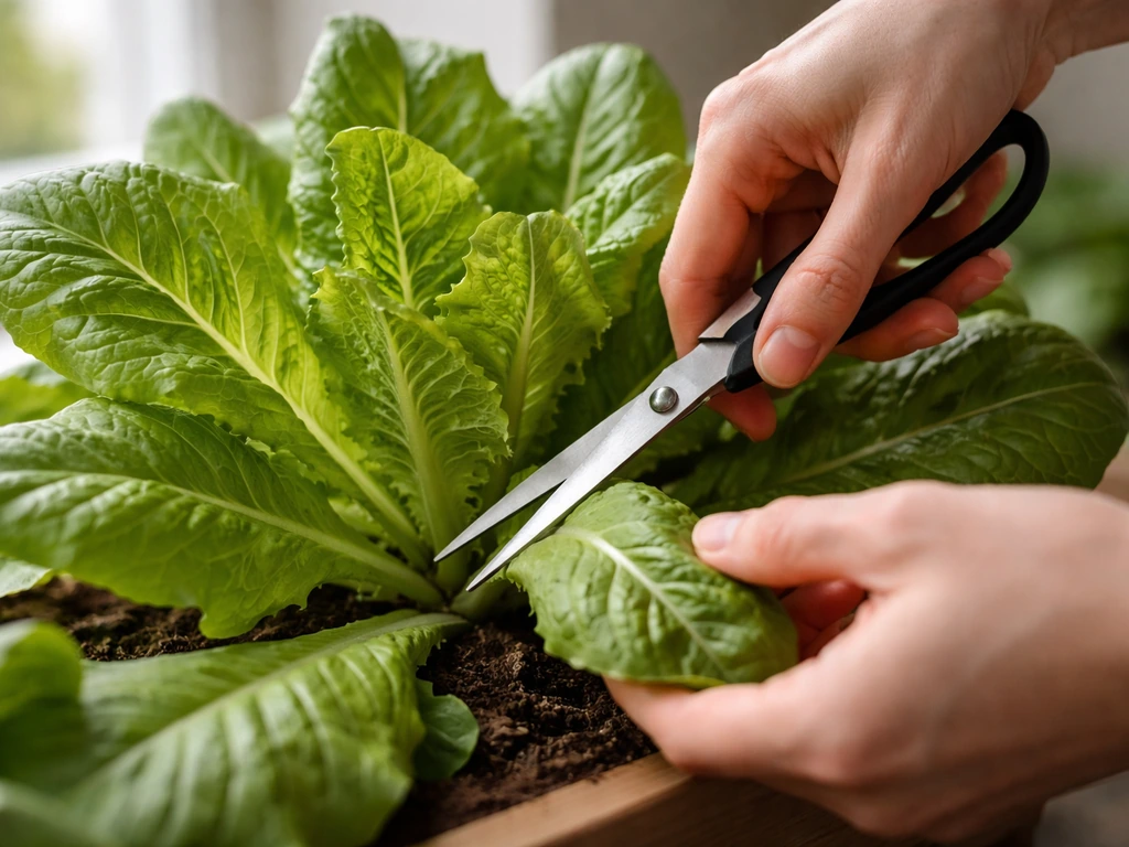 Close-up of hands using scissors to snip outer leaves at the base, leaving the plant’s central crown intact.