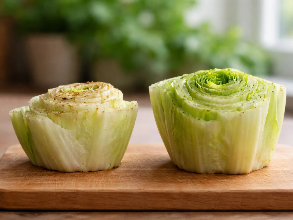 Two lettuce stumps side by side: one cut too low with exposed crown, one higher with crown protected.
