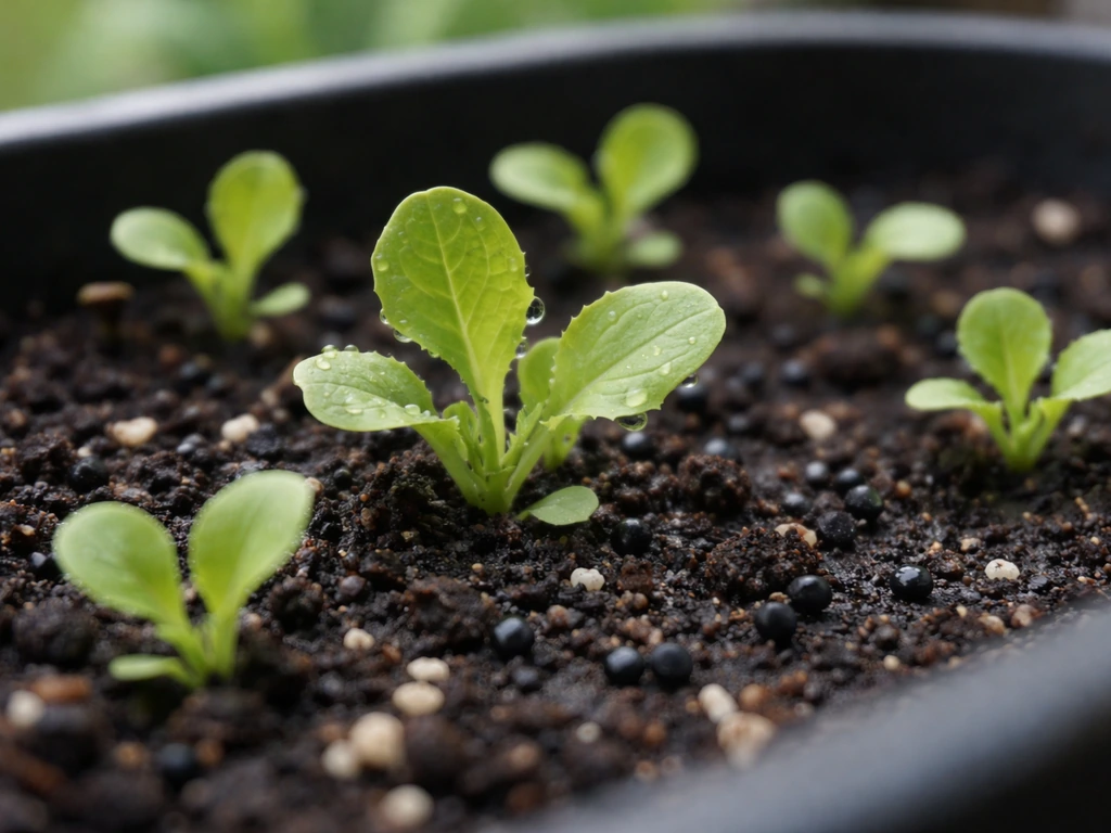 Close-up of black-seeded Simpson lettuce seedlings with visible black seeds in soil, fresh leaves in frame.