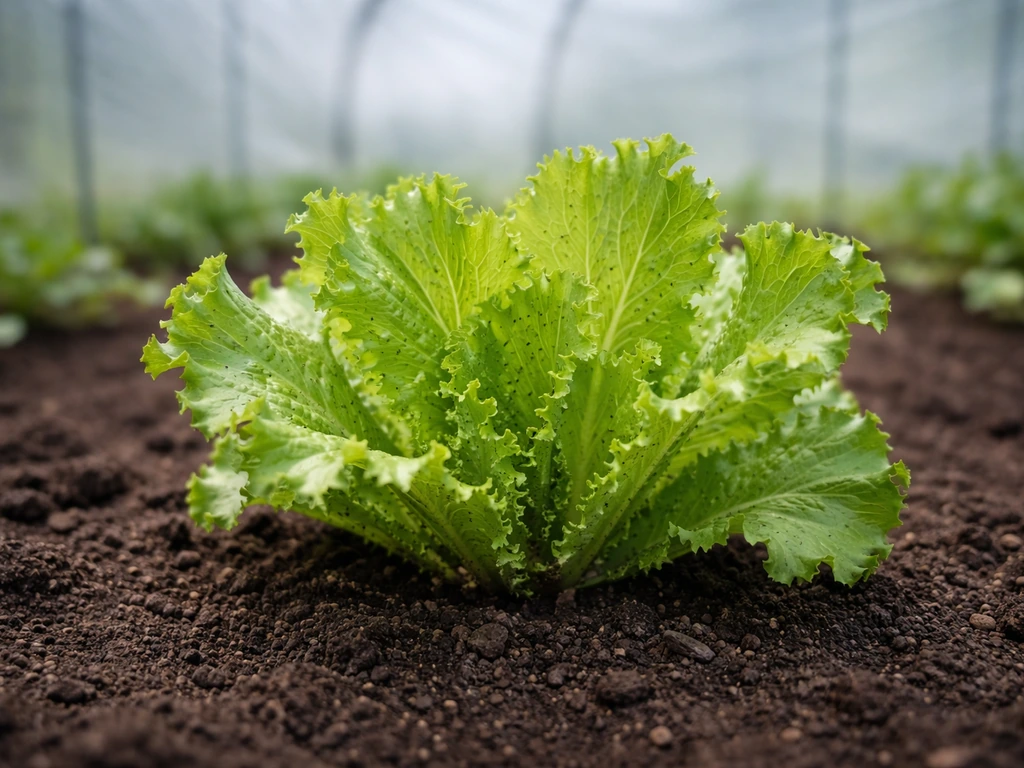Healthy Black-Seeded Simpson lettuce plant in a cool greenhouse bed with crisp leaves and gentle shade