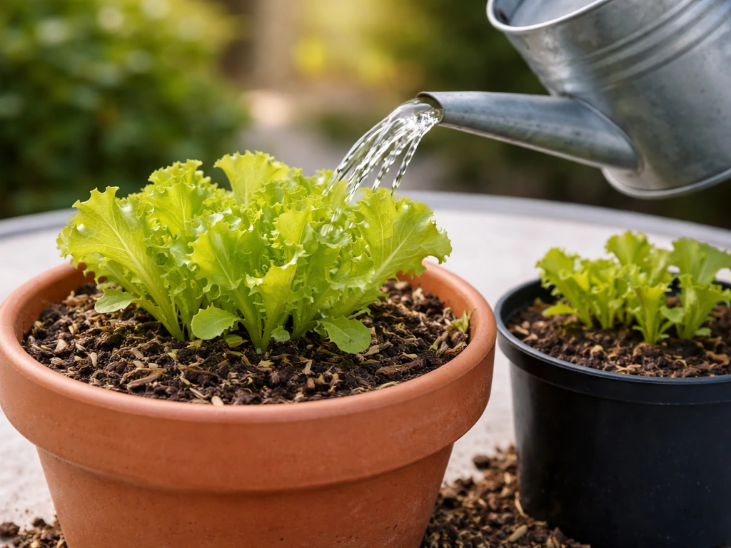 Close photo of Black-Seeded Simpson seedlings in pots, with a watering can for gentle container watering.