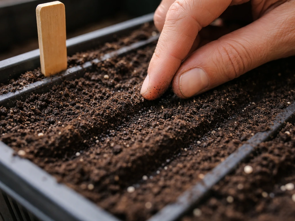 Close-up of black lettuce seeds pressed into moist soil to shallow depth with spacing reference.