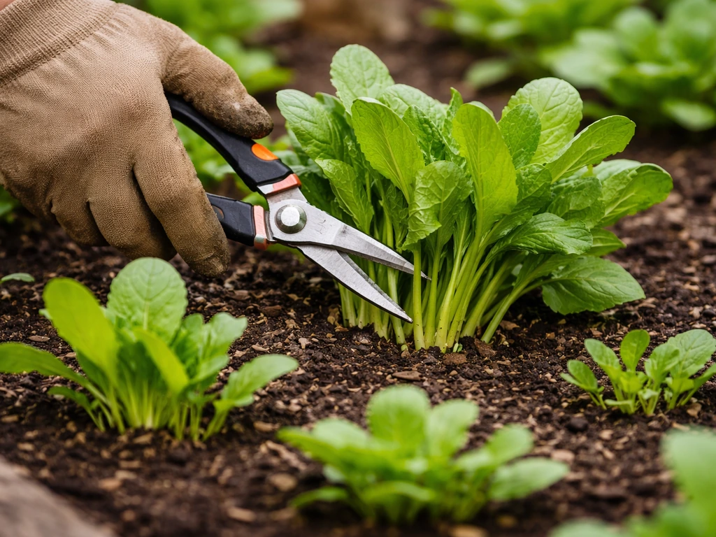 Hands using scissors to harvest leafy green plants near soil, with several regrowth-ready seedlings visible.