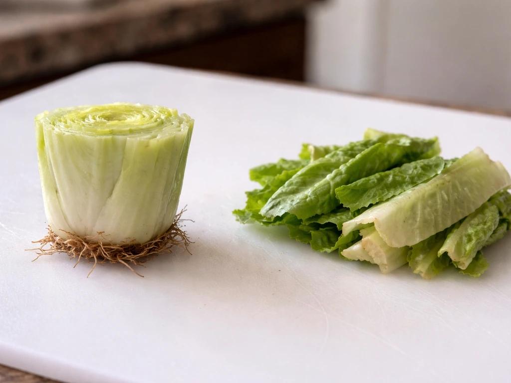 Intact romaine base stub on a cutting board, with removed leaf pieces beside it.