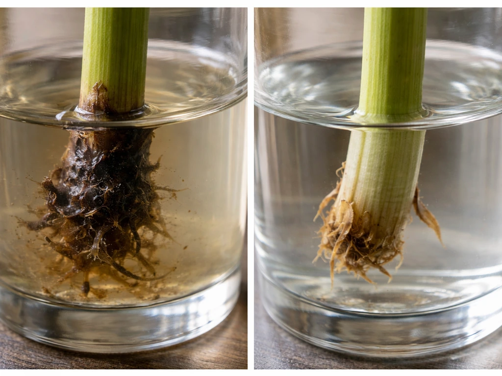 Split view of a plant cutting: left rotting base in cloudy water, right healthy base in clear water.
