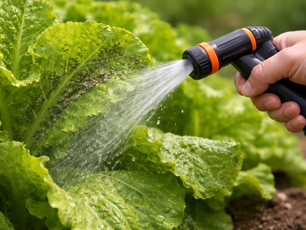 Close-up lettuce leaves with aphids as a hand sprays water to knock them off