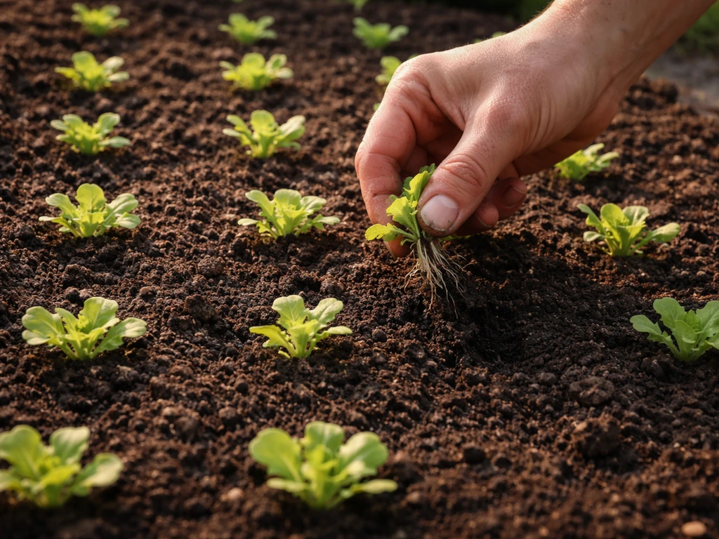 Gardener’s hand thinning crowded seedlings in a soil bed with clearly spaced young rosettes.
