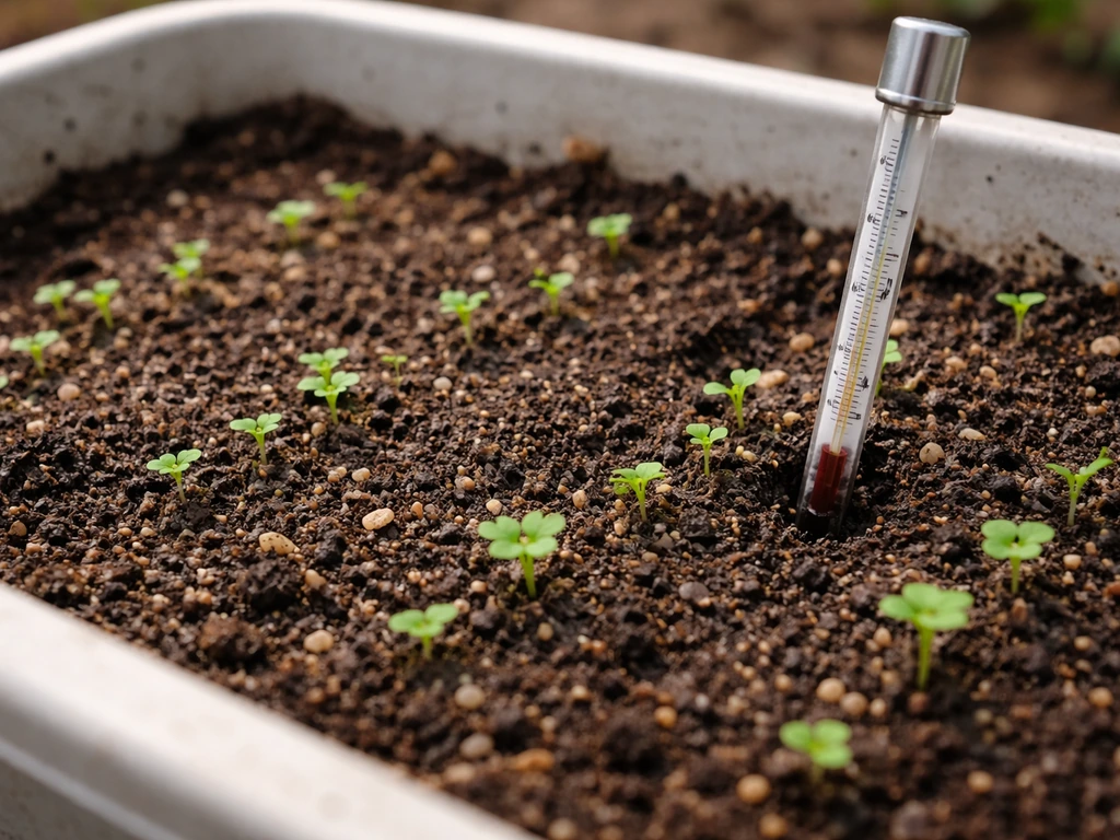 Closeup of a seedbed with uneven sprouting and a visible soil thermometer checking temperature
