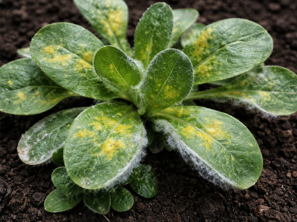 Close-up of lamb’s lettuce with yellow angular spots and grey fuzzy growth underneath from downy mildew.