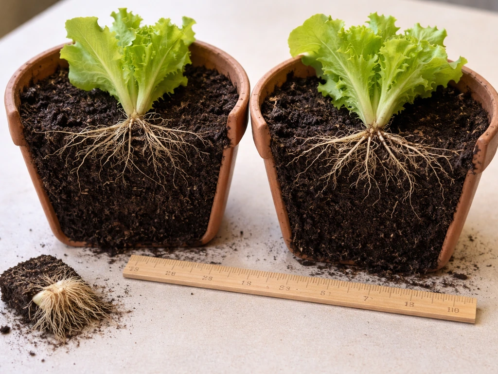 Side-by-side photo of lettuce roots beside a measuring stick showing about 12–18 inches