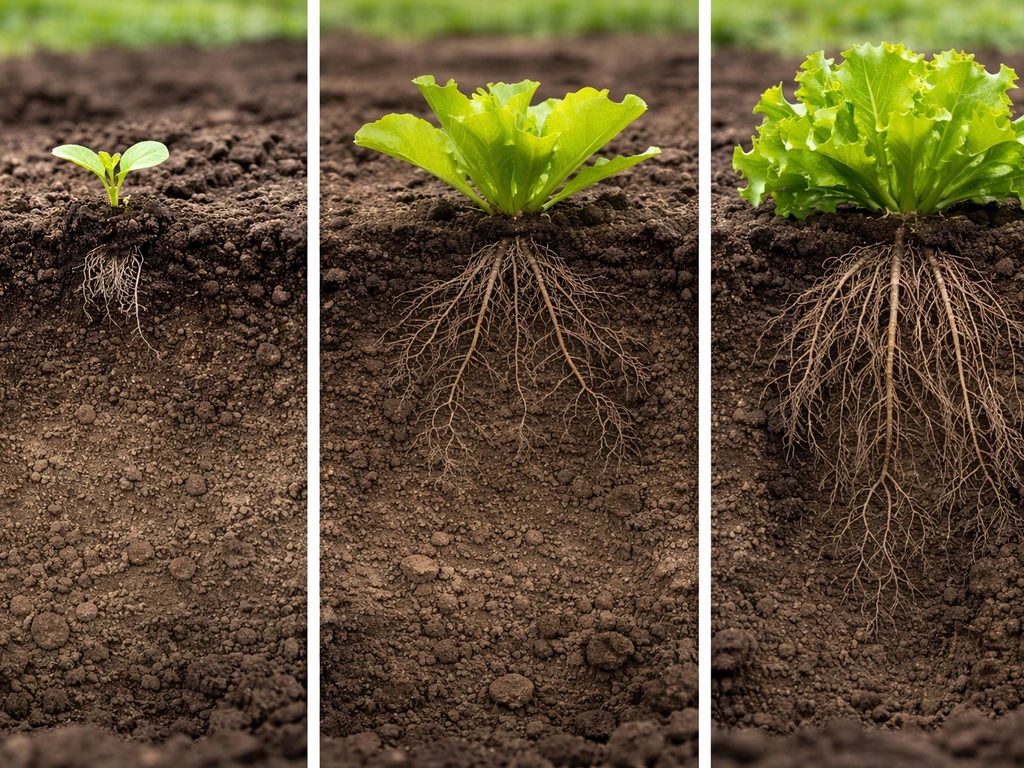 Three-stage lettuce root montage showing roots deepening from plug depth to near-harvest.