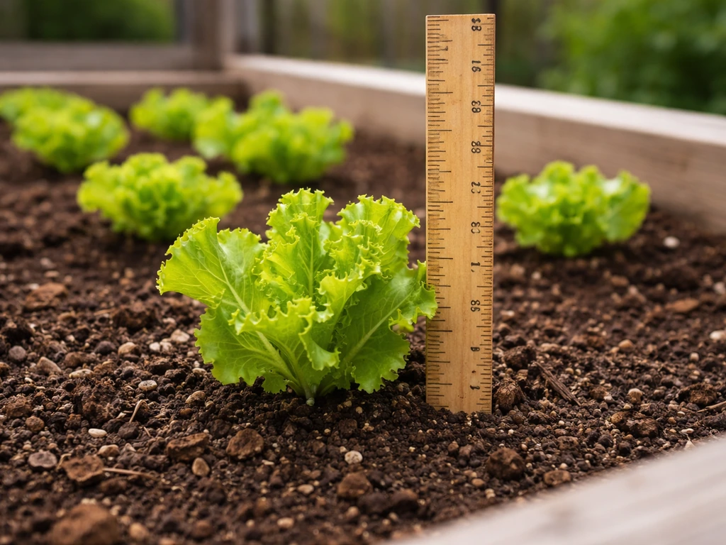 Lettuce seedlings growing in a raised outdoor bed with loose soil and a marked depth ruler near the plants.